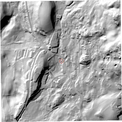 Shaded relief map of the ground around LA231EU, computed from Environment Agency LiDAR. The ground here sits at about 83 m above sea level and falls 132 m across the surrounding 800 m. Surface water reaching this point runs off ground lying to the east-north-east, 101.6 m higher.