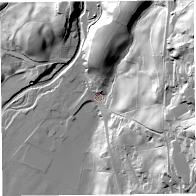 Shaded relief map of the ground around LA231HL, computed from Environment Agency LiDAR. The ground here sits at about 56 m above sea level and falls 88 m across the surrounding 800 m. Surface water reaching this point runs off ground lying to the east-north-east, 77.6 m higher.