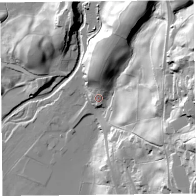 Shaded relief map of the ground around LA231HN, computed from Environment Agency LiDAR. The ground here sits at about 62 m above sea level and falls 88 m across the surrounding 800 m. Surface water reaching this point runs off ground lying to the north, 21.7 m higher.