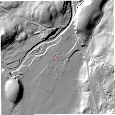 Shaded relief map of the ground around LA231HP, computed from Environment Agency LiDAR. The ground here sits at about 52 m above sea level and falls 54 m across the surrounding 800 m. Surface water reaching this point runs off ground lying to the north-east, 31.1 m higher.