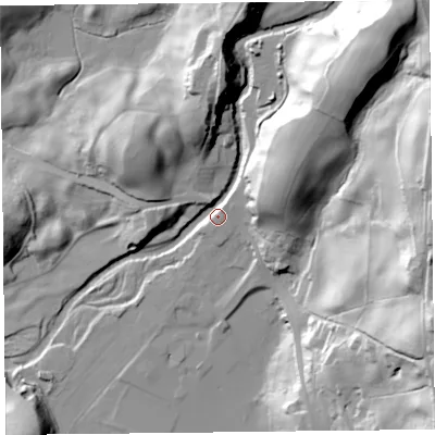 Shaded relief map of the ground around LA231HS, computed from Environment Agency LiDAR. The ground here sits at about 57 m above sea level and falls 66 m across the surrounding 800 m. Surface water reaching this point runs off ground lying to the north-east, 59.5 m higher.
