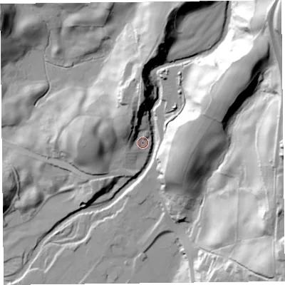 Shaded relief map of the ground around LA231HU, computed from Environment Agency LiDAR. The ground here sits at about 58 m above sea level and falls 78 m across the surrounding 800 m. Surface water reaching this point runs off ground lying to the north-north-west, 15.0 m higher.