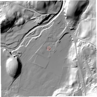 Shaded relief map of the ground around LA231HW, computed from Environment Agency LiDAR. The ground here sits at about 52 m above sea level and falls 55 m across the surrounding 800 m. Surface water reaching this point runs off ground lying to the north-north-west, 1.9 m higher.