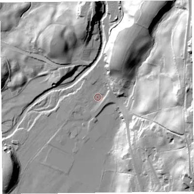 Shaded relief map of the ground around LA231HX, computed from Environment Agency LiDAR. The ground here sits at about 54 m above sea level and falls 70 m across the surrounding 800 m. Surface water reaching this point runs off ground lying to the north-north-east, 28.9 m higher.
