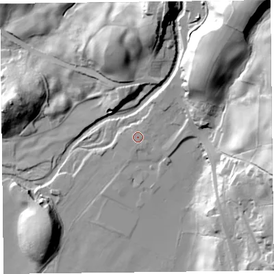 Shaded relief map of the ground around LA231HY, computed from Environment Agency LiDAR. The ground here sits at about 54 m above sea level and falls 60 m across the surrounding 800 m. Surface water reaching this point runs off ground lying to the north-east, 1.5 m higher.