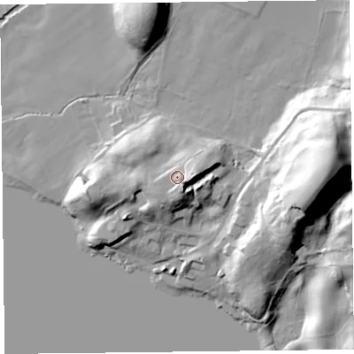 Shaded relief map of the ground around LA231HZ, computed from Environment Agency LiDAR. The ground here sits at about 55 m above sea level and falls 41 m across the surrounding 800 m. Surface water reaching this point runs off ground lying to the east, 5.5 m higher.