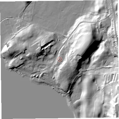 Shaded relief map of the ground around LA231JA, computed from Environment Agency LiDAR. The ground here sits at about 50 m above sea level and falls 48 m across the surrounding 800 m. Surface water reaching this point runs off ground lying to the east-north-east, 32.9 m higher.