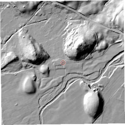 Shaded relief map of the ground around LA231LF, computed from Environment Agency LiDAR. The ground here sits at about 46 m above sea level and falls 31 m across the surrounding 800 m. Surface water reaching this point runs off ground lying to the north-east, 19.0 m higher.