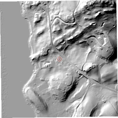 Shaded relief map of the ground around LA231LJ, computed from Environment Agency LiDAR. The ground here sits at about 51 m above sea level and falls 91 m across the surrounding 800 m. Surface water reaching this point runs off ground lying to the north-north-east, 81.2 m higher.