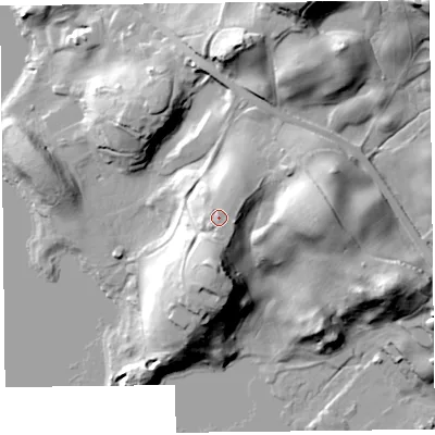 Shaded relief map of the ground around LA231LQ, computed from Environment Agency LiDAR. The ground here sits at about 60 m above sea level and falls 44 m across the surrounding 800 m. Surface water reaching this point runs off ground lying to the east-south-east, 2.4 m higher.
