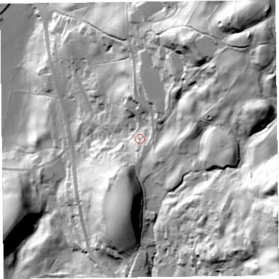 Shaded relief map of the ground around LA231NH, computed from Environment Agency LiDAR. The ground here sits at about 94 m above sea level and falls 127 m across the surrounding 800 m. Surface water reaching this point runs off ground lying to the north-east, 73.8 m higher.