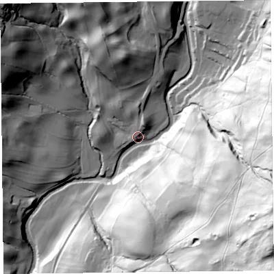 Shaded relief map of the ground around LA231PB, computed from Environment Agency LiDAR. The ground here sits at about 123 m above sea level and falls 154 m across the surrounding 800 m. Surface water reaching this point runs off ground lying to the east-south-east, 143.1 m higher.