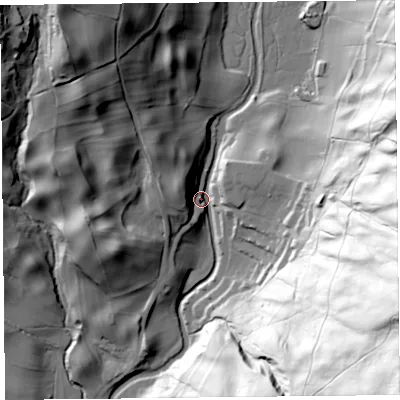 Shaded relief map of the ground around LA231PD, computed from Environment Agency LiDAR. The ground here sits at about 126 m above sea level and falls 144 m across the surrounding 800 m. Surface water reaching this point runs off ground lying to the east, 84.0 m higher.