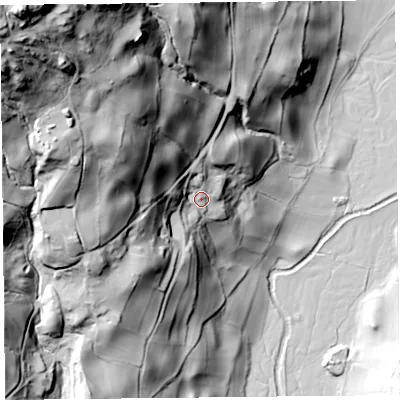 Shaded relief map of the ground around LA231PP, computed from Environment Agency LiDAR. The ground here sits at about 161 m above sea level and falls 158 m across the surrounding 800 m. Surface water reaching this point runs off ground lying to the west-north-west, 68.8 m higher.
