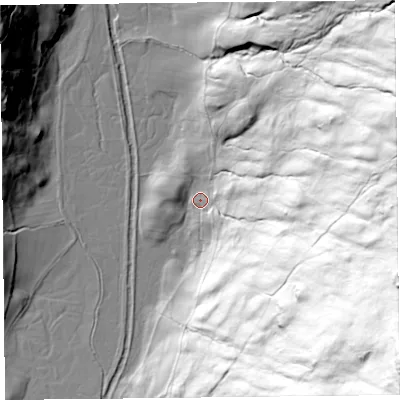 Shaded relief map of the ground around LA231PR, computed from Environment Agency LiDAR. The ground here sits at about 135 m above sea level and falls 214 m across the surrounding 800 m. Surface water reaching this point runs off ground lying to the east-south-east, 152.1 m higher.
