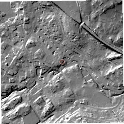 Shaded relief map of the ground around LA232AD, computed from Environment Agency LiDAR. The ground here sits at about 112 m above sea level and falls 62 m across the surrounding 800 m. Surface water reaching this point runs off ground lying to the west, 4.5 m higher.