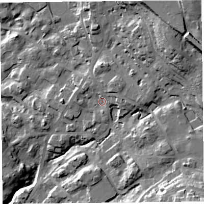 Shaded relief map of the ground around LA232AH, computed from Environment Agency LiDAR. The ground here sits at about 105 m above sea level and falls 58 m across the surrounding 800 m. Surface water reaching this point runs off ground lying to the north-east, 8.5 m higher.