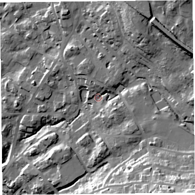 Shaded relief map of the ground around LA232AN, computed from Environment Agency LiDAR. The ground here sits at about 106 m above sea level and falls 55 m across the surrounding 800 m. Surface water reaching this point runs off ground lying to the north-east, 36.3 m higher.