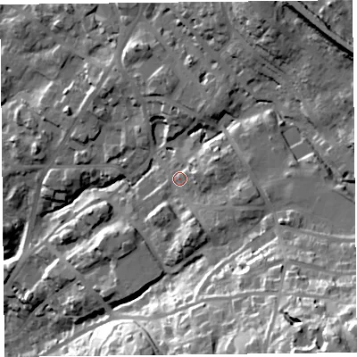 Shaded relief map of the ground around LA232AR, computed from Environment Agency LiDAR. The ground here sits at about 107 m above sea level and falls 67 m across the surrounding 800 m. Surface water reaching this point runs off ground lying to the east-south-east, 10.0 m higher.