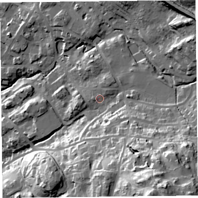 Shaded relief map of the ground around LA232AU, computed from Environment Agency LiDAR. The ground here sits at about 110 m above sea level and falls 75 m across the surrounding 800 m. Surface water reaching this point runs off ground lying to the north-east, 3.4 m higher.