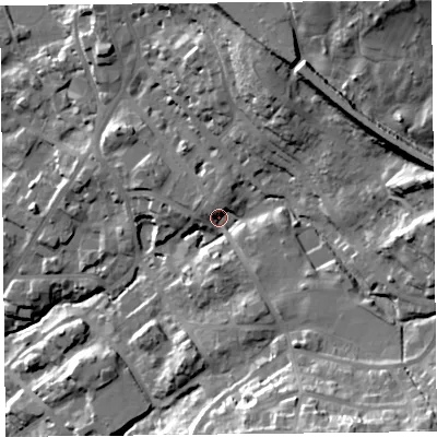 Shaded relief map of the ground around LA232AW, computed from Environment Agency LiDAR. The ground here sits at about 109 m above sea level and falls 57 m across the surrounding 800 m. Surface water reaching this point runs off ground lying to the north-east, 39.1 m higher.