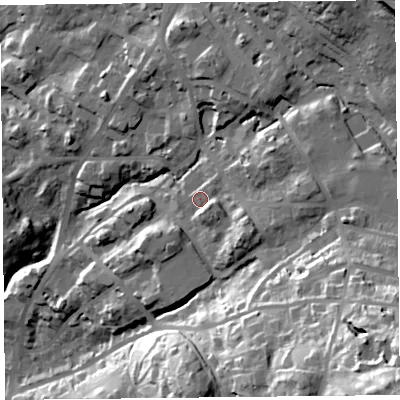 Shaded relief map of the ground around LA232AY, computed from Environment Agency LiDAR. The ground here sits at about 103 m above sea level and falls 77 m across the surrounding 800 m. Surface water reaching this point runs off ground lying to the east, 12.5 m higher.