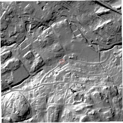 Shaded relief map of the ground around LA232BA, computed from Environment Agency LiDAR. The ground here sits at about 111 m above sea level and falls 69 m across the surrounding 800 m. Surface water reaching this point runs off ground lying to the south-south-east, 50.9 m higher.