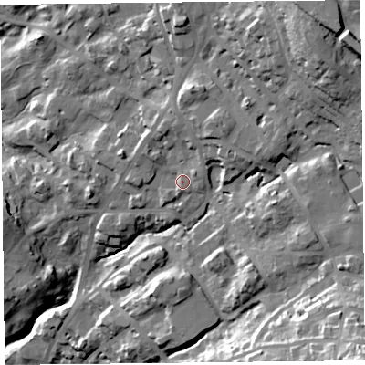 Shaded relief map of the ground around LA232BL, computed from Environment Agency LiDAR. The ground here sits at about 104 m above sea level and falls 58 m across the surrounding 800 m. Surface water reaching this point runs off ground lying to the east-north-east, 1.8 m higher.