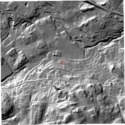Shaded relief map of the ground around LA232BQ, computed from Environment Agency LiDAR. The ground here sits at about 118 m above sea level and falls 63 m across the surrounding 800 m. Surface water reaching this point runs off ground lying to the south-south-east, 4.6 m higher.