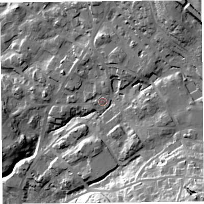 Shaded relief map of the ground around LA232BS, computed from Environment Agency LiDAR. The ground here sits at about 103 m above sea level and falls 63 m across the surrounding 800 m. Surface water reaching this point runs off ground lying to the north-north-east, 8.7 m higher.