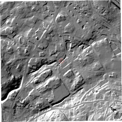 Shaded relief map of the ground around LA232BT, computed from Environment Agency LiDAR. The ground here sits at about 101 m above sea level and falls 66 m across the surrounding 800 m. Surface water reaching this point runs off ground lying to the north-east, 29.8 m higher.