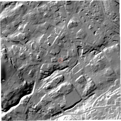 Shaded relief map of the ground around LA232BU, computed from Environment Agency LiDAR. The ground here sits at about 102 m above sea level and falls 60 m across the surrounding 800 m. Surface water reaching this point runs off ground lying to the north-east, 11.2 m higher.
