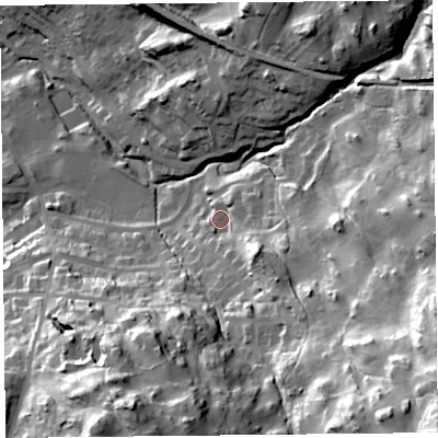 Shaded relief map of the ground around LA232BW, computed from Environment Agency LiDAR. The ground here sits at about 121 m above sea level and falls 69 m across the surrounding 800 m. Surface water reaching this point runs off ground lying to the south-east, 58.0 m higher.