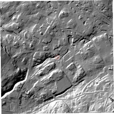 Shaded relief map of the ground around LA232BX, computed from Environment Agency LiDAR. The ground here sits at about 99 m above sea level and falls 68 m across the surrounding 800 m. Surface water reaching this point runs off ground lying to the north-east, 29.3 m higher.