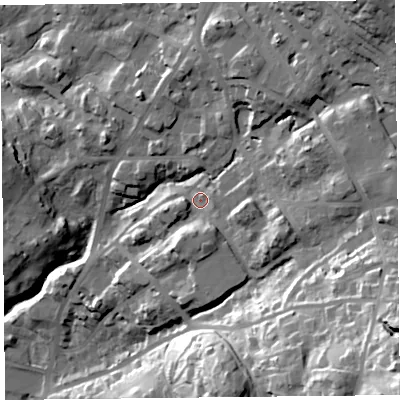 Shaded relief map of the ground around LA232BY, computed from Environment Agency LiDAR. The ground here sits at about 100 m above sea level and falls 73 m across the surrounding 800 m. Surface water reaching this point runs off ground lying to the south-east, 41.3 m higher.