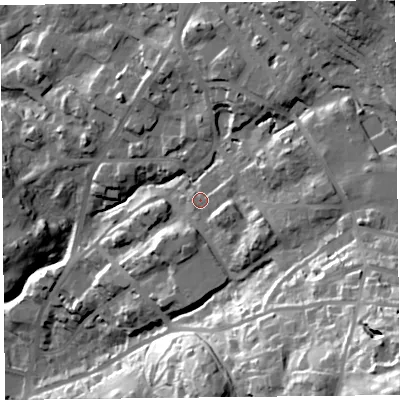 Shaded relief map of the ground around LA232DA, computed from Environment Agency LiDAR. The ground here sits at about 103 m above sea level and falls 77 m across the surrounding 800 m. Surface water reaching this point runs off ground lying to the east, 13.0 m higher.
