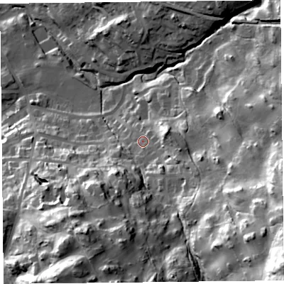 Shaded relief map of the ground around LA232DR, computed from Environment Agency LiDAR. The ground here sits at about 126 m above sea level and falls 82 m across the surrounding 800 m. Surface water reaching this point runs off ground lying to the east-south-east, 15.9 m higher.
