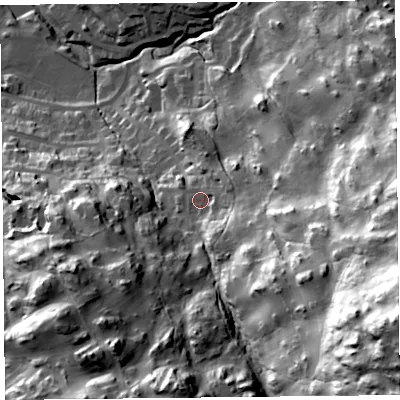 Shaded relief map of the ground around LA232DS, computed from Environment Agency LiDAR. The ground here sits at about 135 m above sea level and falls 94 m across the surrounding 800 m. Surface water reaching this point runs off ground lying to the south-east, 28.2 m higher.