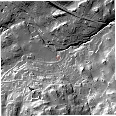 Shaded relief map of the ground around LA232DT, computed from Environment Agency LiDAR. The ground here sits at about 117 m above sea level and falls 63 m across the surrounding 800 m. Surface water reaching this point runs off ground lying to the south-south-west, 4.6 m higher.