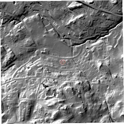 Shaded relief map of the ground around LA232DU, computed from Environment Agency LiDAR. The ground here sits at about 119 m above sea level and falls 62 m across the surrounding 800 m. Surface water reaching this point runs off ground lying to the south, 44.1 m higher.