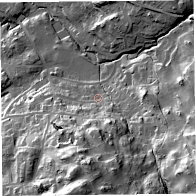 Shaded relief map of the ground around LA232DW, computed from Environment Agency LiDAR. The ground here sits at about 121 m above sea level and falls 59 m across the surrounding 800 m. Surface water reaching this point runs off ground lying to the south, 40.0 m higher.
