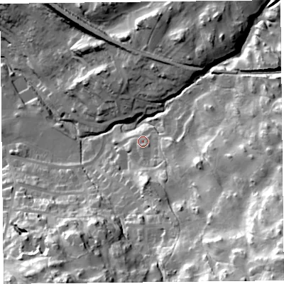 Shaded relief map of the ground around LA232DY, computed from Environment Agency LiDAR. The ground here sits at about 125 m above sea level and falls 70 m across the surrounding 800 m. Surface water reaching this point runs off ground lying to the south-east, 53.2 m higher.