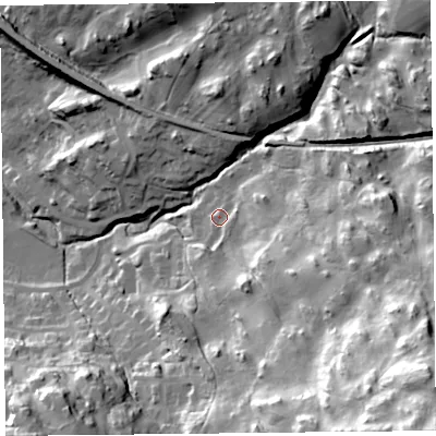 Shaded relief map of the ground around LA232FE, computed from Environment Agency LiDAR. The ground here sits at about 128 m above sea level and falls 77 m across the surrounding 800 m. Surface water reaching this point runs off ground lying to the east, 3.1 m higher.