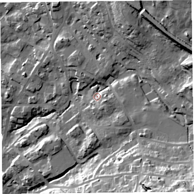 Shaded relief map of the ground around LA232HH, computed from Environment Agency LiDAR. The ground here sits at about 108 m above sea level and falls 60 m across the surrounding 800 m. Surface water reaching this point runs off ground lying to the north-east, 30.8 m higher.