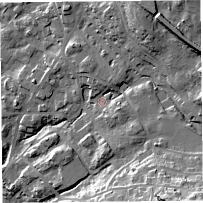 Shaded relief map of the ground around LA232HJ, computed from Environment Agency LiDAR. The ground here sits at about 106 m above sea level and falls 56 m across the surrounding 800 m. Surface water reaching this point runs off ground lying to the north-east, 33.6 m higher.