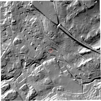 Shaded relief map of the ground around LA232LB, computed from Environment Agency LiDAR. The ground here sits at about 110 m above sea level and falls 65 m across the surrounding 800 m. Surface water reaching this point runs off ground lying to the north-north-east, 12.5 m higher.