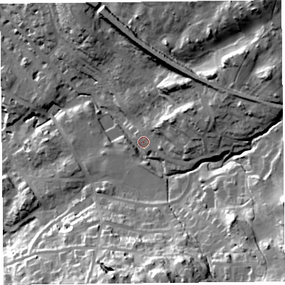Shaded relief map of the ground around LA232LR, computed from Environment Agency LiDAR. The ground here sits at about 116 m above sea level and falls 46 m across the surrounding 800 m. Surface water reaching this point runs off ground lying to the south-east, 34.8 m higher.