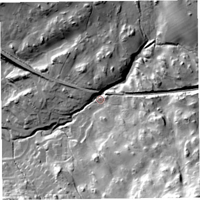 Shaded relief map of the ground around LA232NW, computed from Environment Agency LiDAR. The ground here sits at about 131 m above sea level and falls 76 m across the surrounding 800 m. Surface water reaching this point runs off ground lying to the south-east, 38.0 m higher.