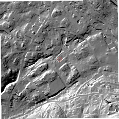 Shaded relief map of the ground around LA232PR, computed from Environment Agency LiDAR. The ground here sits at about 102 m above sea level and falls 74 m across the surrounding 800 m. Surface water reaching this point runs off ground lying to the east-north-east, 4.5 m higher.