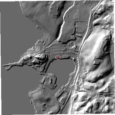 Shaded relief map of the ground around LA233BF, computed from Environment Agency LiDAR. The ground here sits at about 41 m above sea level and falls 42 m across the surrounding 800 m. Surface water reaching this point runs off ground lying to the west-south-west, 9.0 m higher.